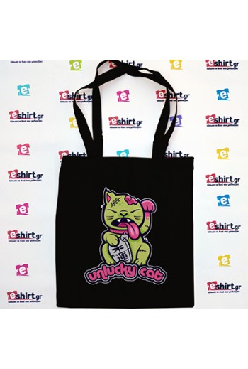 tote bag, τσάντα, Unlucky Cat, lucky cat, γάτα, χιούμορ, dark, kawaii, alternative, goth, art, printed bag, δώρο