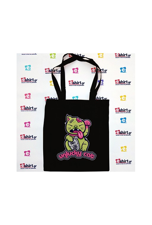 tote bag, τσάντα, Unlucky Cat, lucky cat, γάτα, χιούμορ, dark, kawaii, alternative, goth, art, printed bag, δώρο