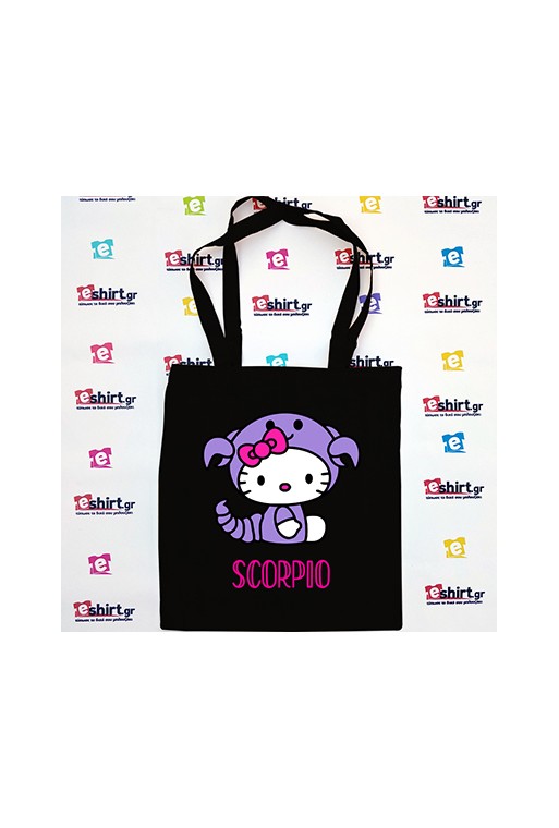 Tote bag “SCORPIO KITTY” με χαριτωμένο γατί ντυμένο με στολή ζώδιο Σκορπιού - zodiac kitty Scorpio