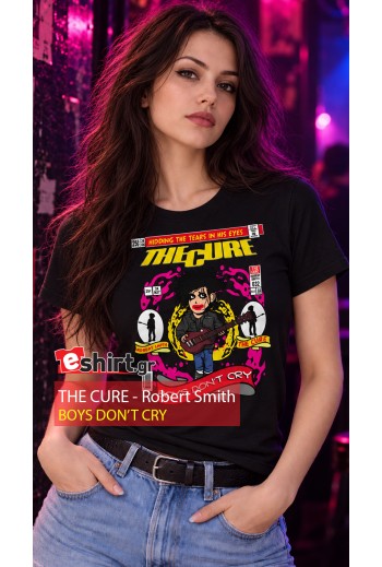 The Cure Boys Don’t Cry μπλούζα με σκίτσο του Robert Smith σε 80s στυλ εξώφυλλο κόμικς.