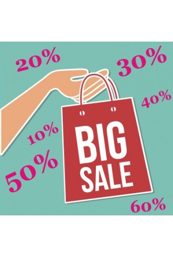 Αυτοκόλλητο Big Sale 55×55 cm με τυρκουάζ πλαίσιο, φούξια ποσοστά 10–60% και κόκκινη τσάντα σε γυναικείο χέρι