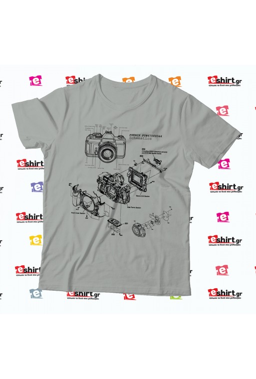 Vintage Camera t-shirt featuring a technical camera diagram and exploded component view